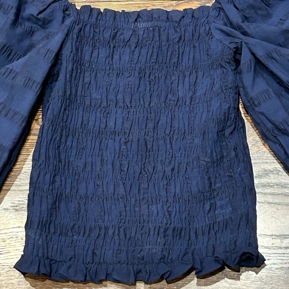 Anthropology Maeve Navy Puff Sleeve Smocked Top - Picture 2 of 8